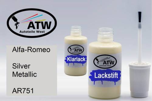 Alfa-Romeo, Silver Metallic, AR751: 20ml Lackstift + 20ml Klarlack - Set, von ATW Autoteile West.